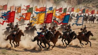古装历史剧剧照,宏大战争场面,骑兵队伍在黄土高原奔腾,旌旗飘扬气势磅礴