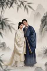 古装爱情剧封面,水墨风格背景,古装男女主角相依而立,意境唯美
