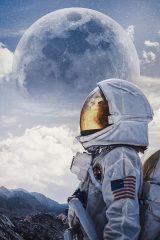 科幻动作电影封面，宇宙星空背景，宇航员漂浮在太空中，画面震撼壮观