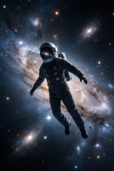 科幻动作电影封面,宇宙星空背景,宇航员漂浮在太空中,画面震撼壮观